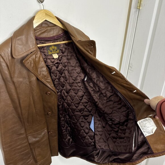Vintage Paulo Conti Men 40 Brown 70s Leather Coat Removable Lining Hippie - Picture 5 of 8